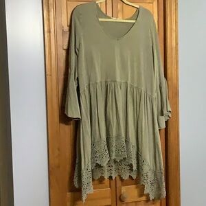 Olive Green Women's Top with Lace Hem